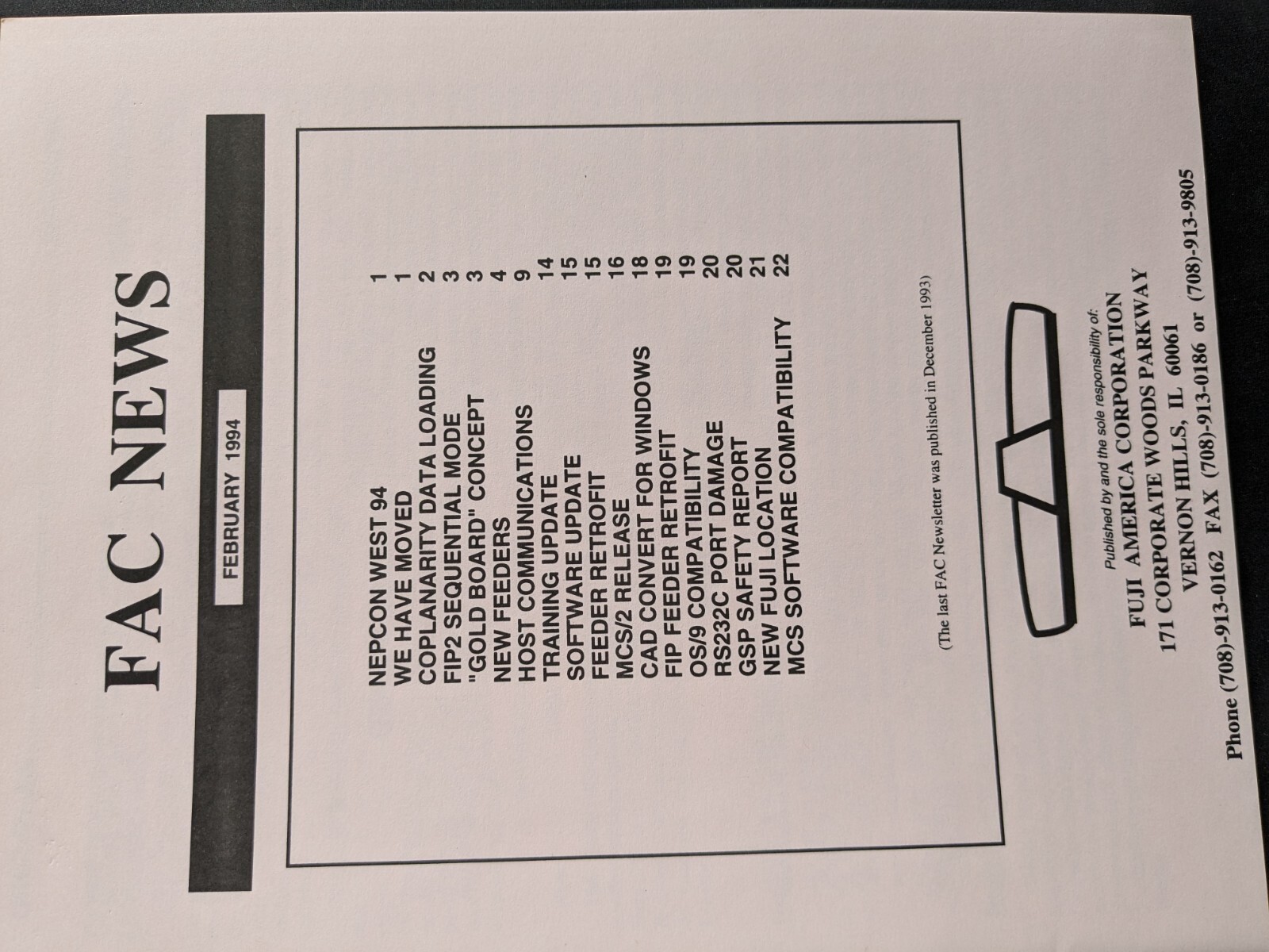 1994 Fuji America Corporation News Letter - February