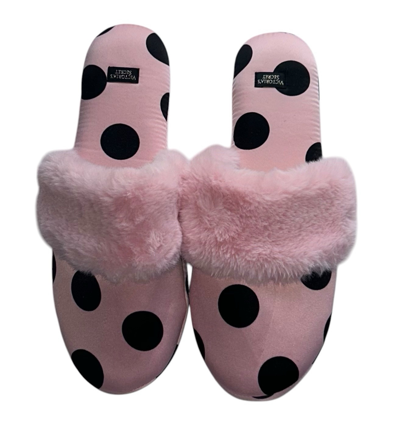 Victoria’s Secret Pink Black Polka Dot Fuzzy Slip On Hard Soles Slippers L NWT