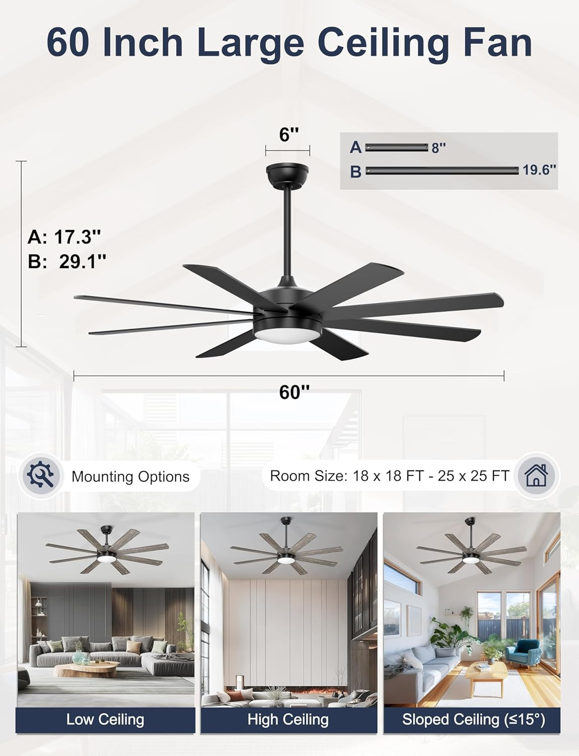 60'' Ceiling Fans with Lights - Modern Black Ceiling Fan Remote/App Control, Dim