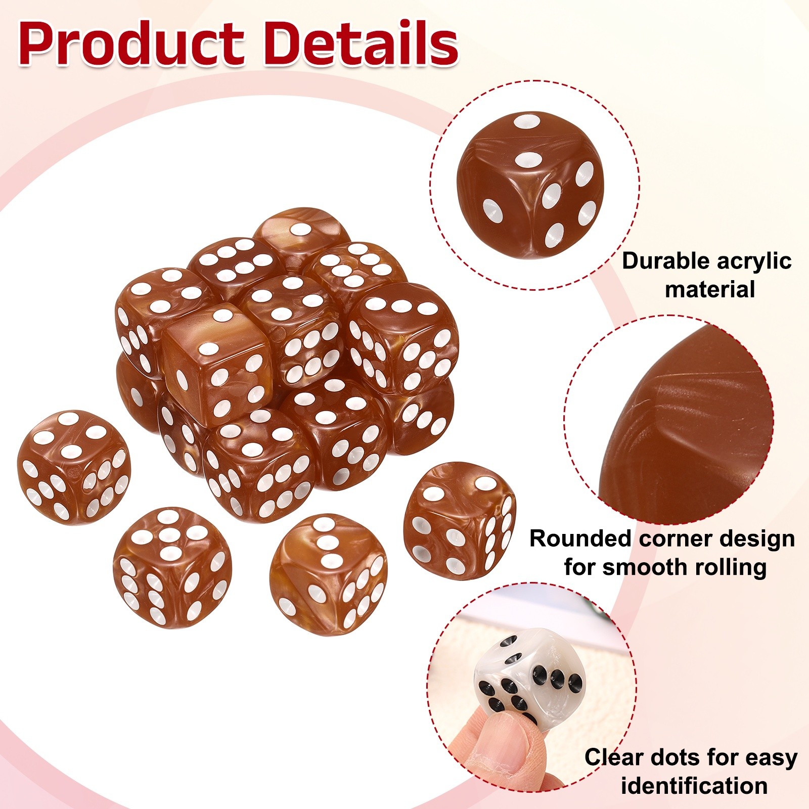 Polyhedral Dice Set 12mm Pearl Pattern Square Dice with Box, Brown