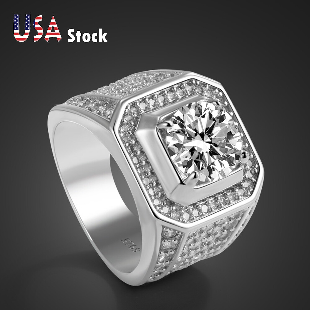 925 Sterling Silver Size 8-13 Clear Cubic Zirconia Ring Cluster Ring for Men