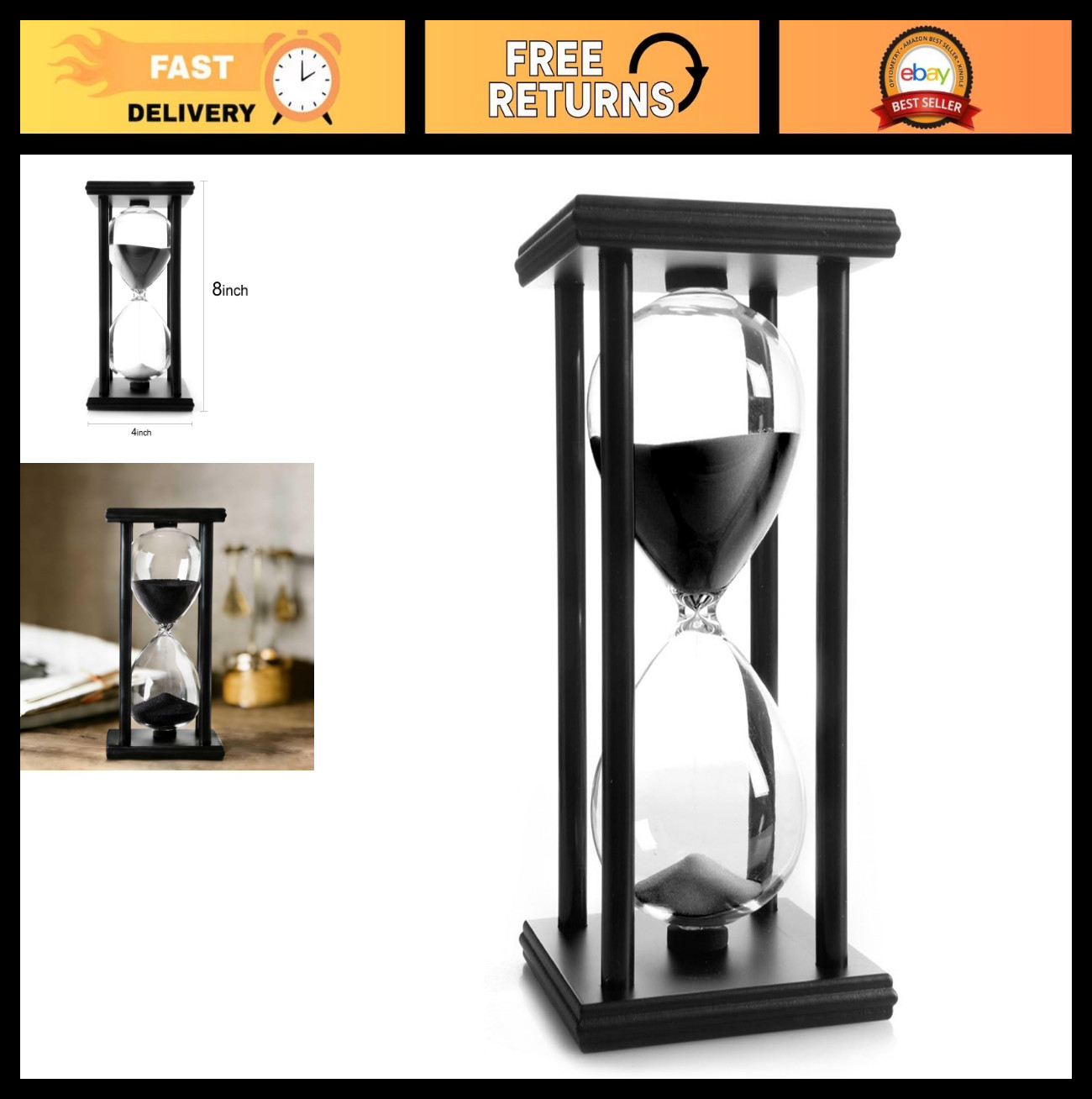 60-Minute Black Sand Timer with Wooden Frame | Modern Hourglass Decor for Home &