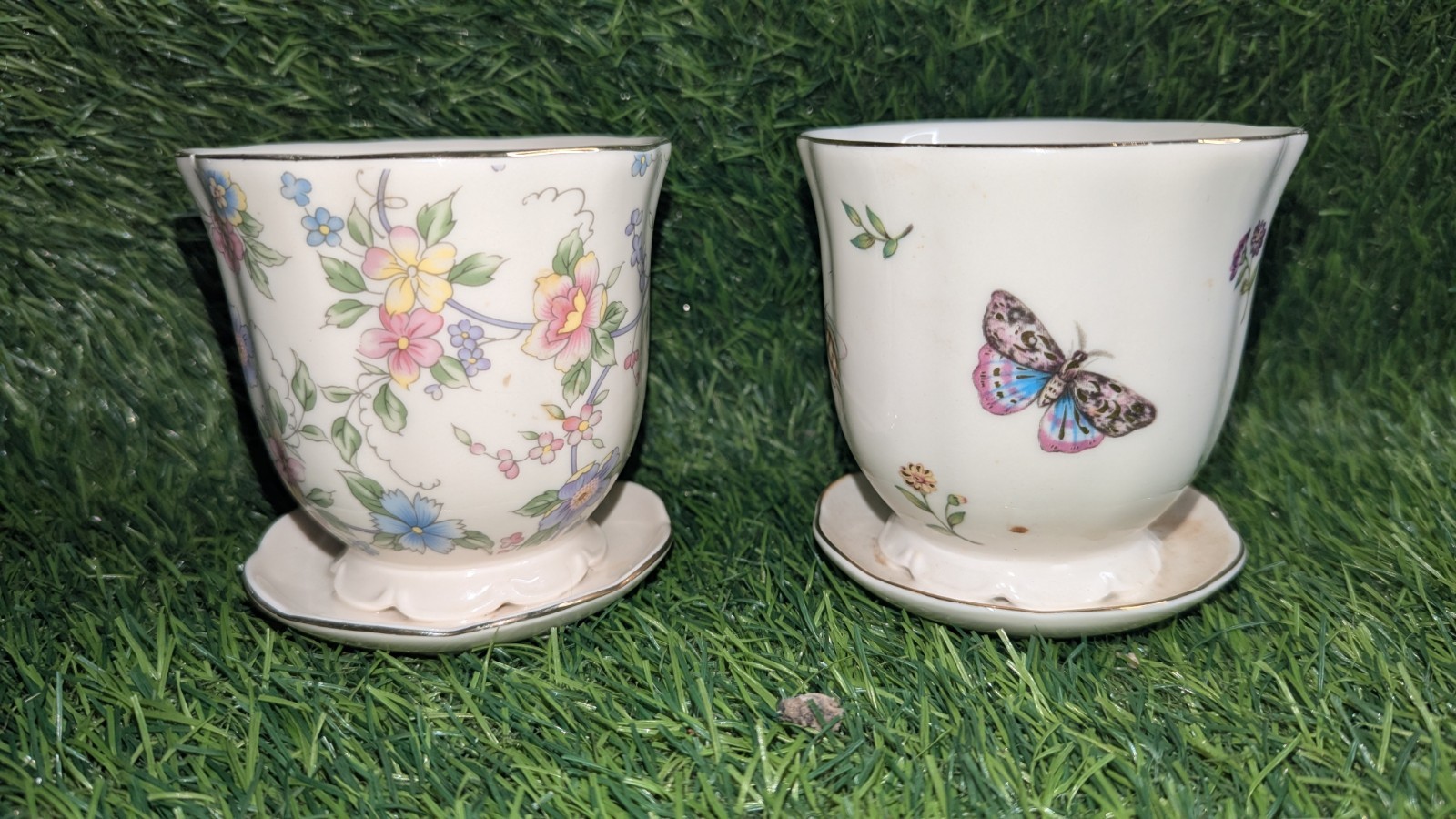 Vintage Lot Of 2 Porcelain Floral Flower Insect Bug Teacup Planter READ!
