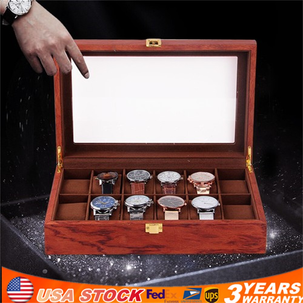 12-Slots Wooden Solid Light Wood Watch Box Organizer with Glass Display Top Case