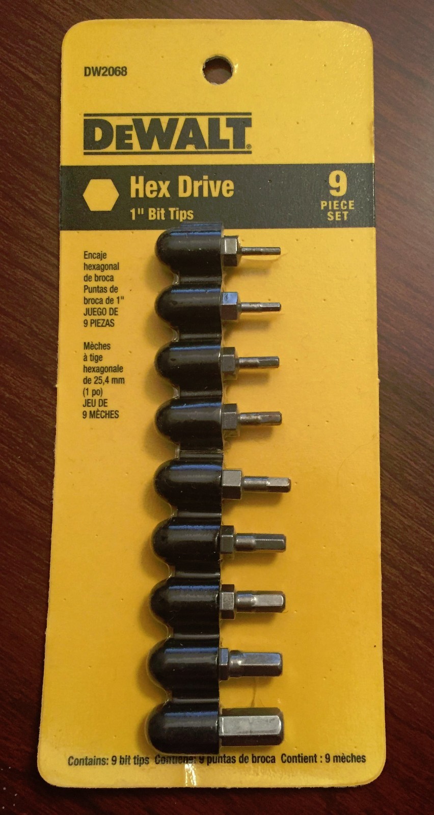 DEWALT 9 PC HEX DRIVE 1" BIT TIPS DW2068 SAE 1/16"-1/4" SCREW BITS ALLEN BITS