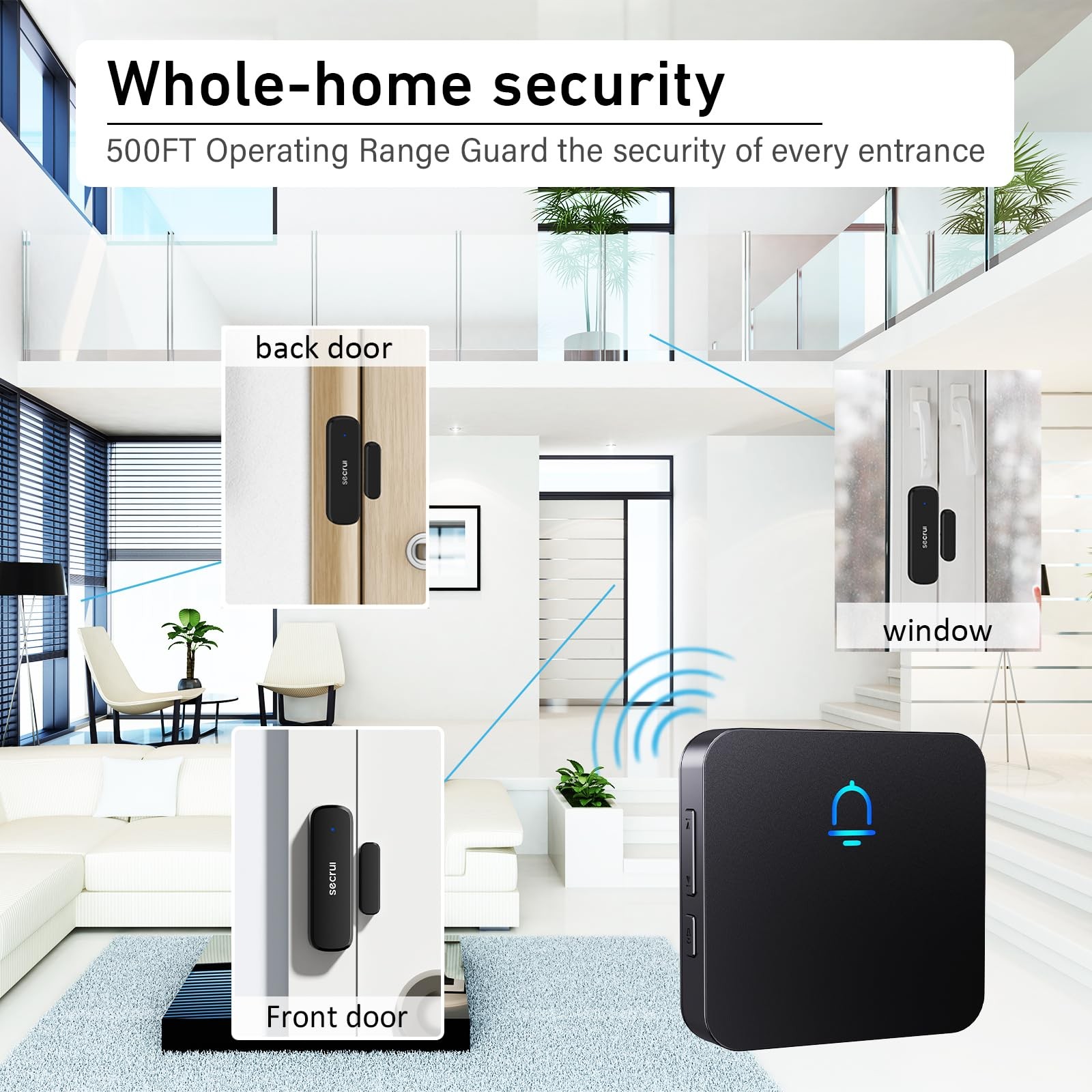 SECRUI Wireless Door Chimes When Open Entry 3 sensor 1 receiver, Black