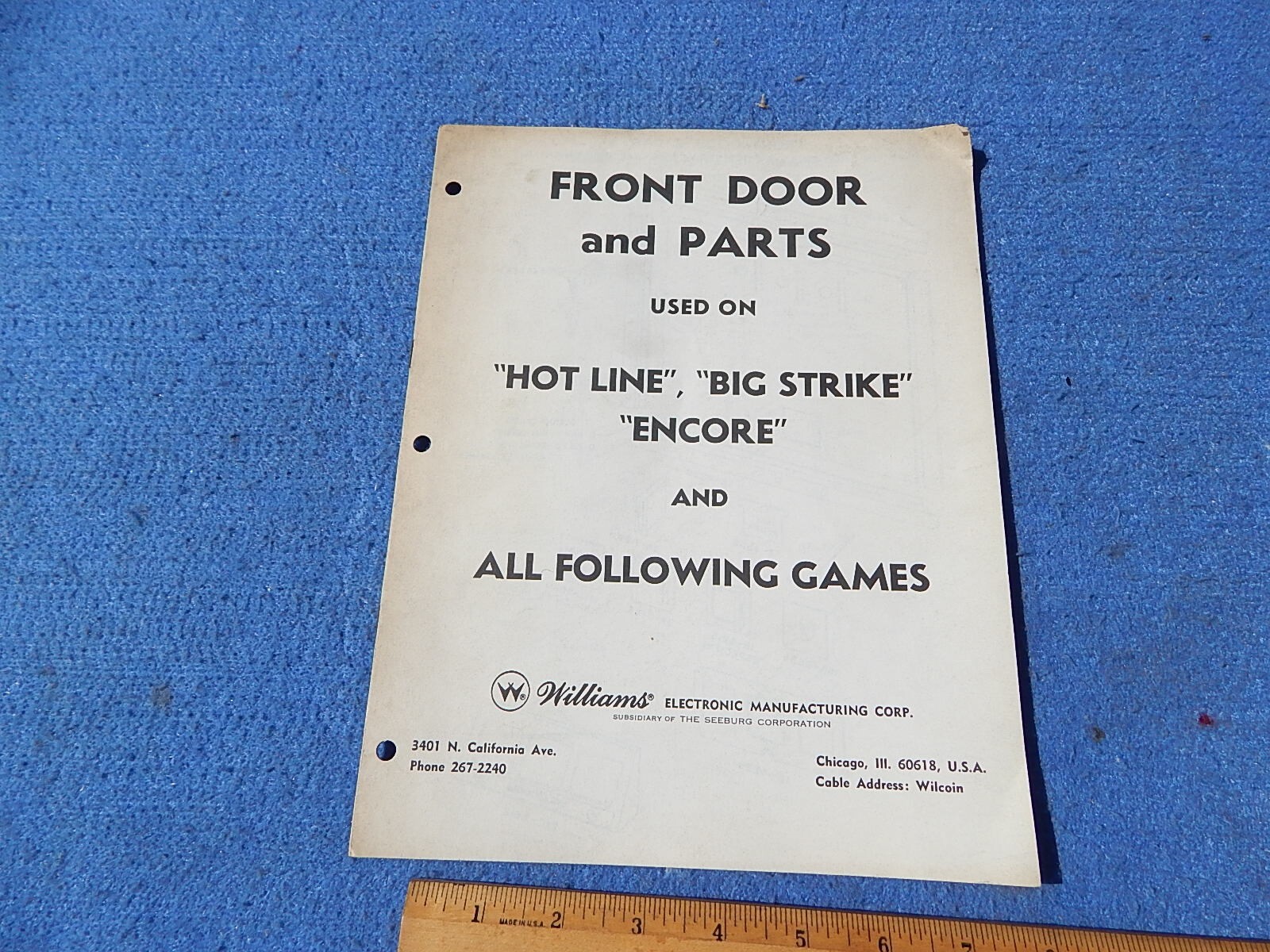 1966 Williams HOT LINE - BIG STRIKE - ENCORE Front Door and Parts catalog