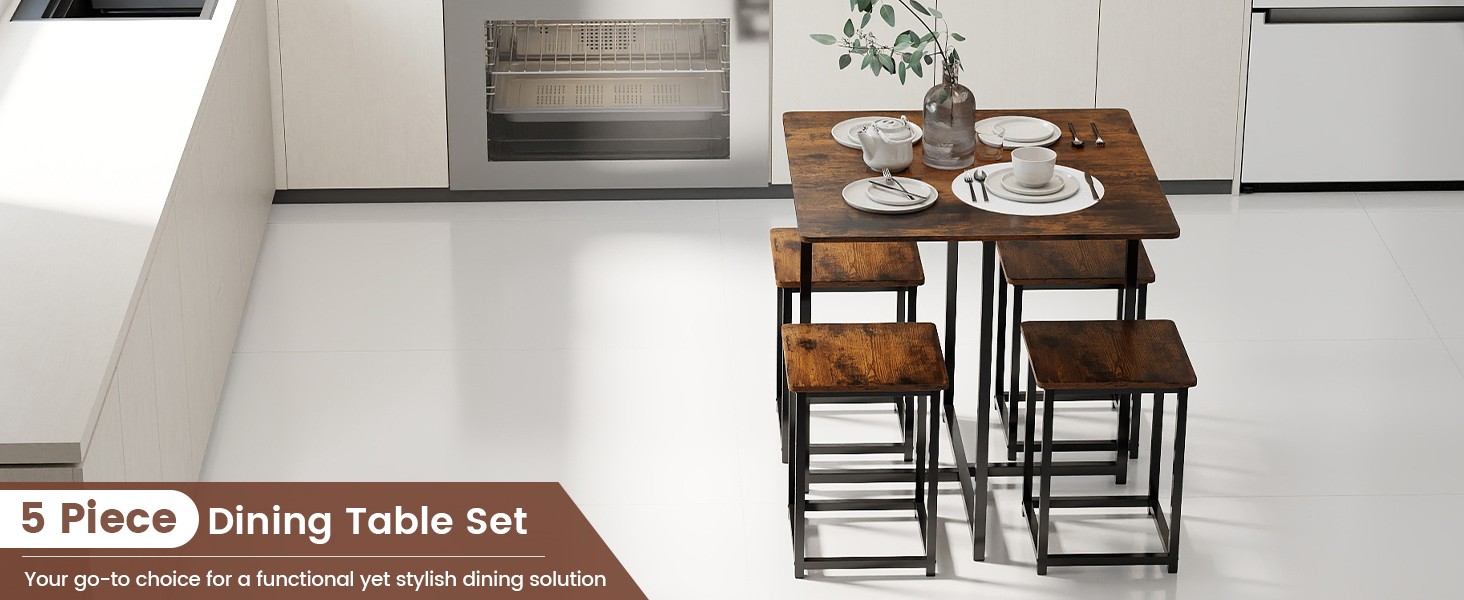 Compact Dining Table Set for 4, Small Kitchen Table Set with Square Stools and