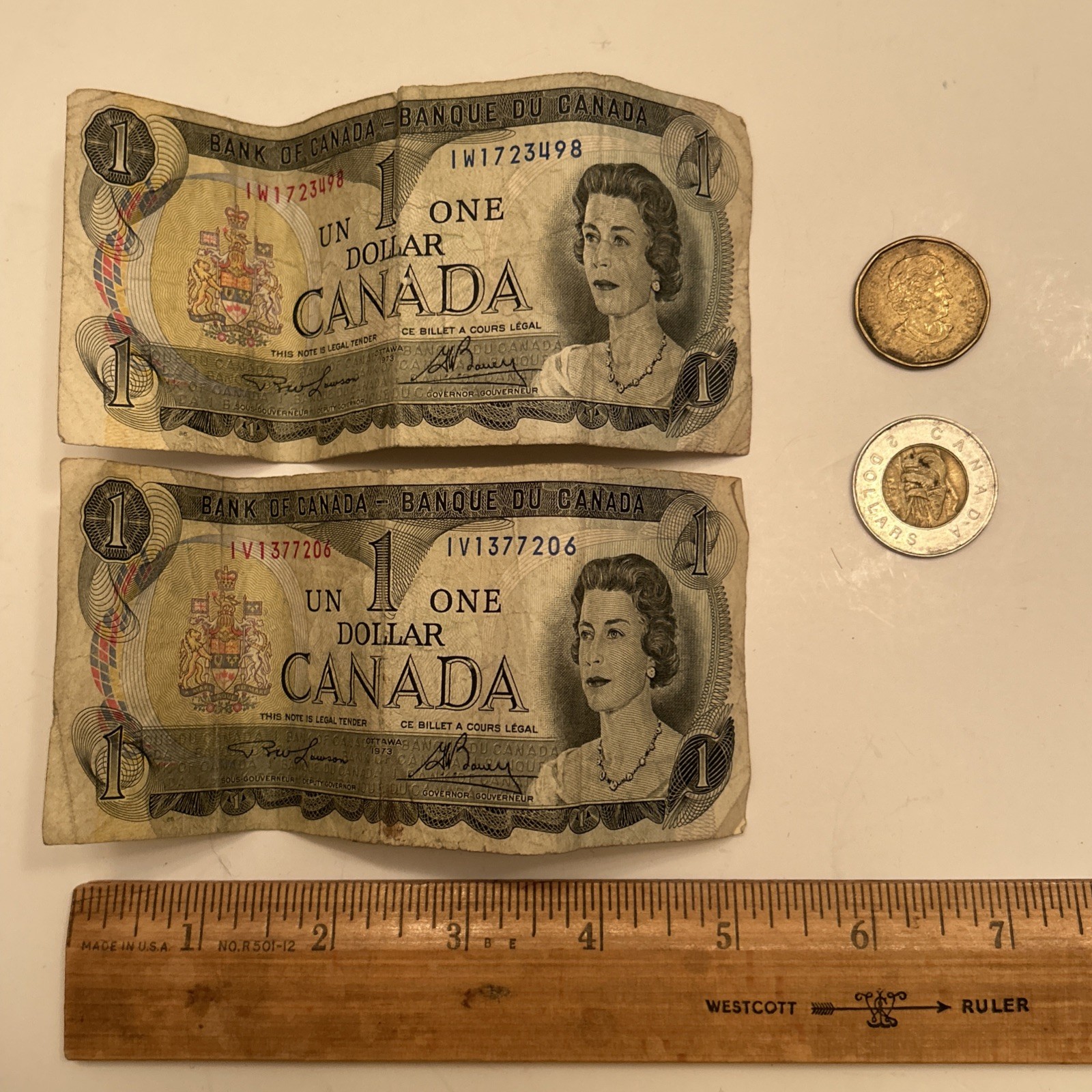 Canada $5 Queen Elizabeth II Lot - 1973 Dollar Bills, 2012 Looney & 1996 Double