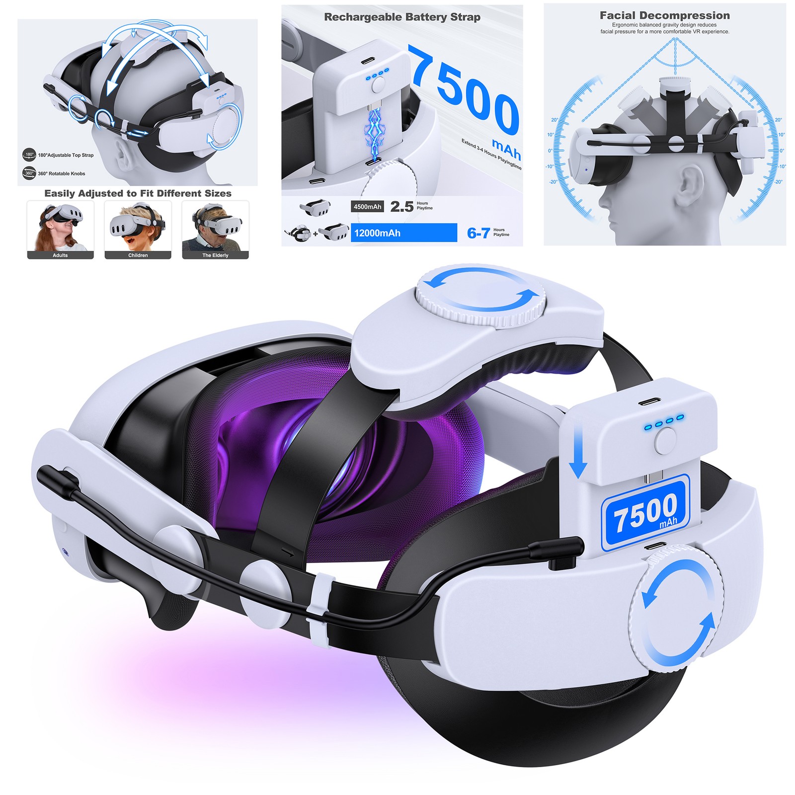 Head Strap for Meta Quest 3S/3/2, Adjustable Elite Strap with 7500mAh Detachable