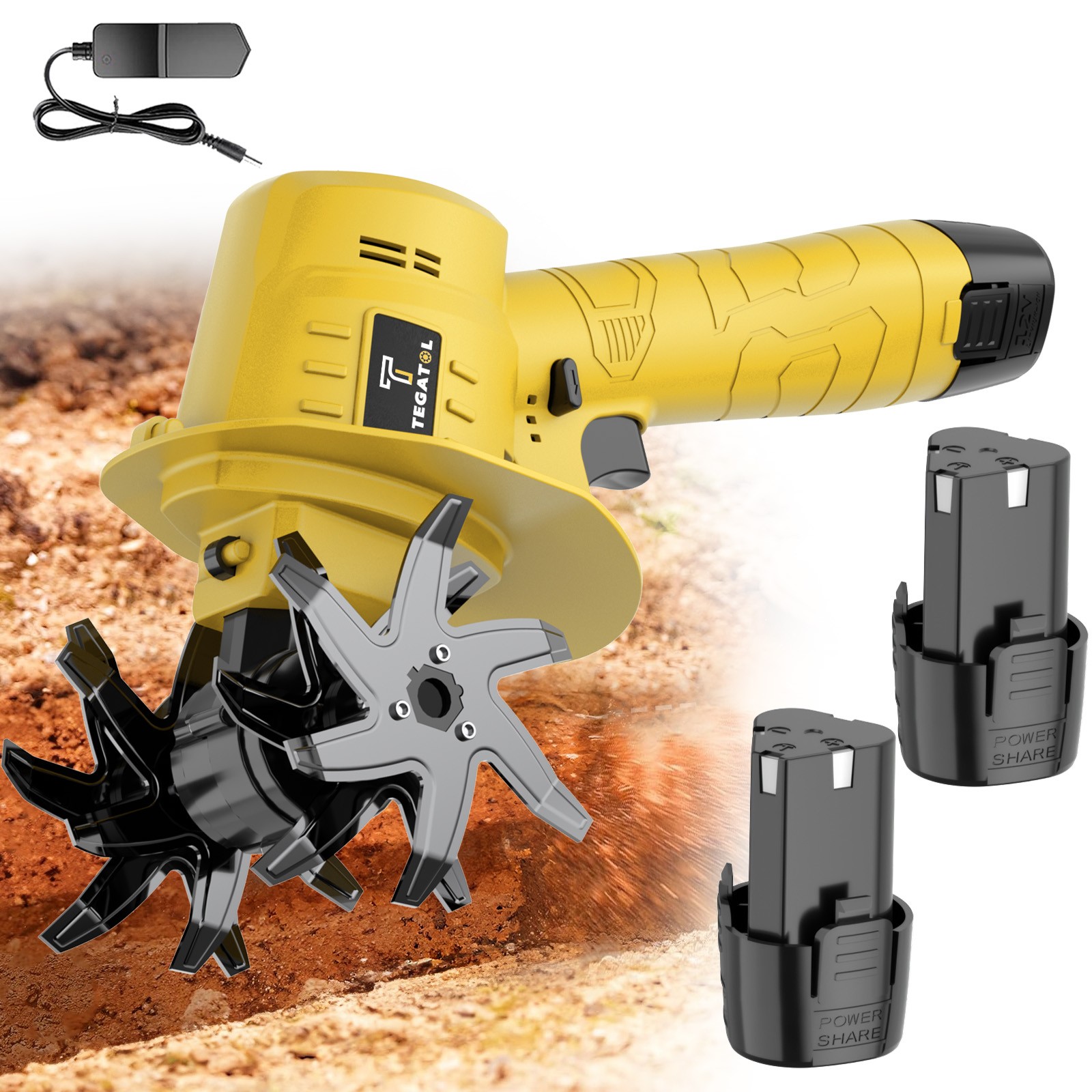 12V Cordless Handheld Soil Loosening Machine, Portable Soil Tiller, 2*Battery