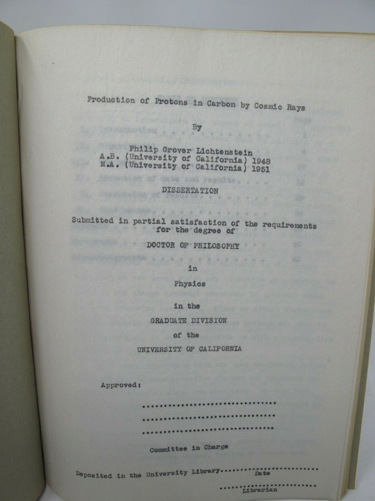 Philip G Lichtenstein Dissertation Protons Carbon In Cosmic Rays 1952 Berkeley