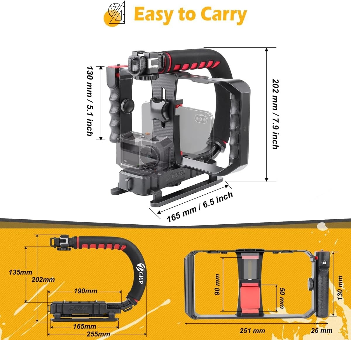 Camera Smartphone Handheld Stabilizer, Triple Cold-Shoe Handle Grip Compatibl...