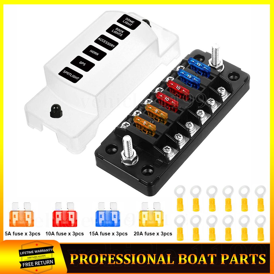 6 Way Fuse Box Block Holder Kit Car 12V-32V with Clear Cover Circuit Protection