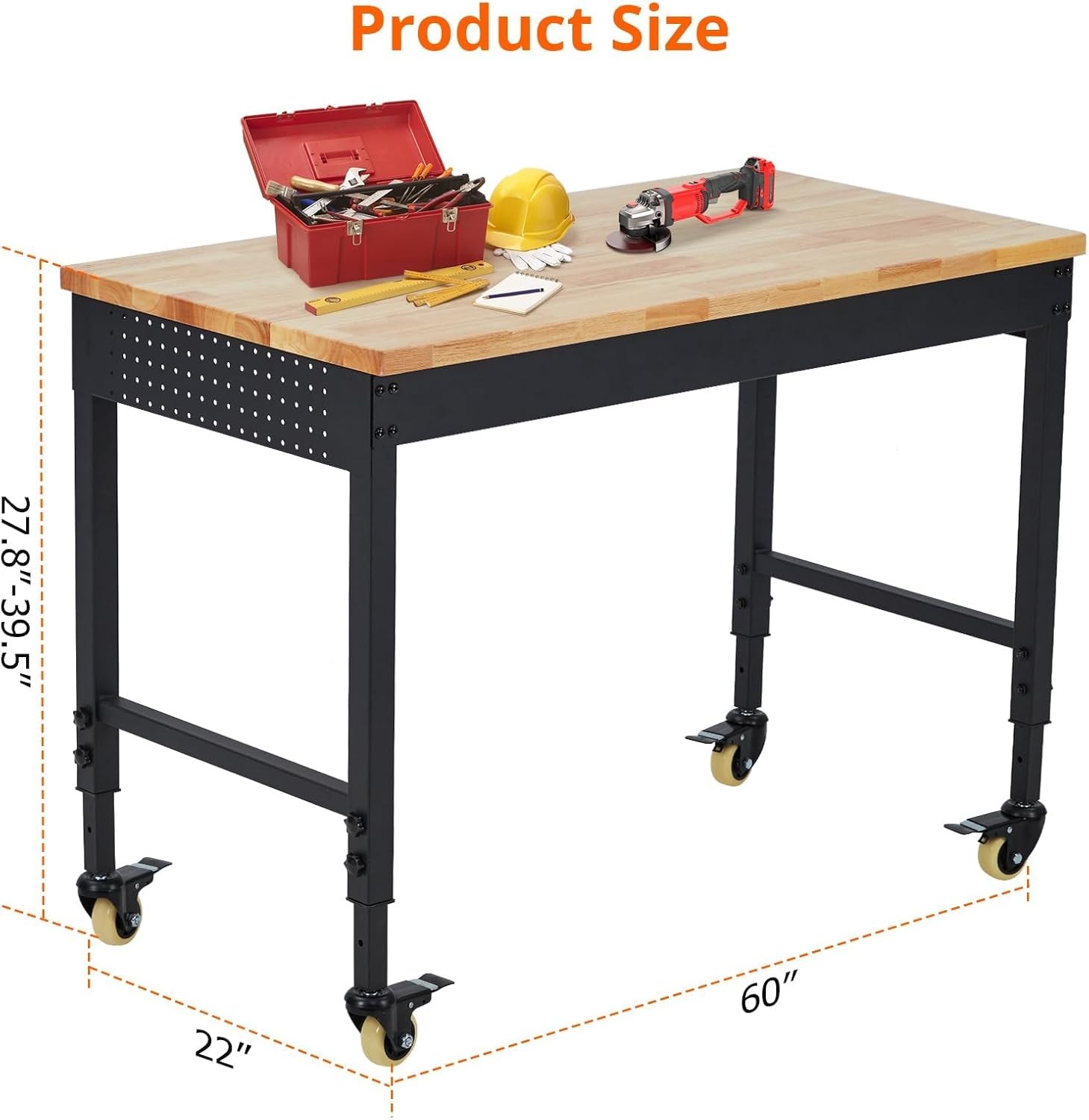 Adjustable Height Workbench 60"L x 22"W Work Bench Table w/ Power Outlets&Wheels