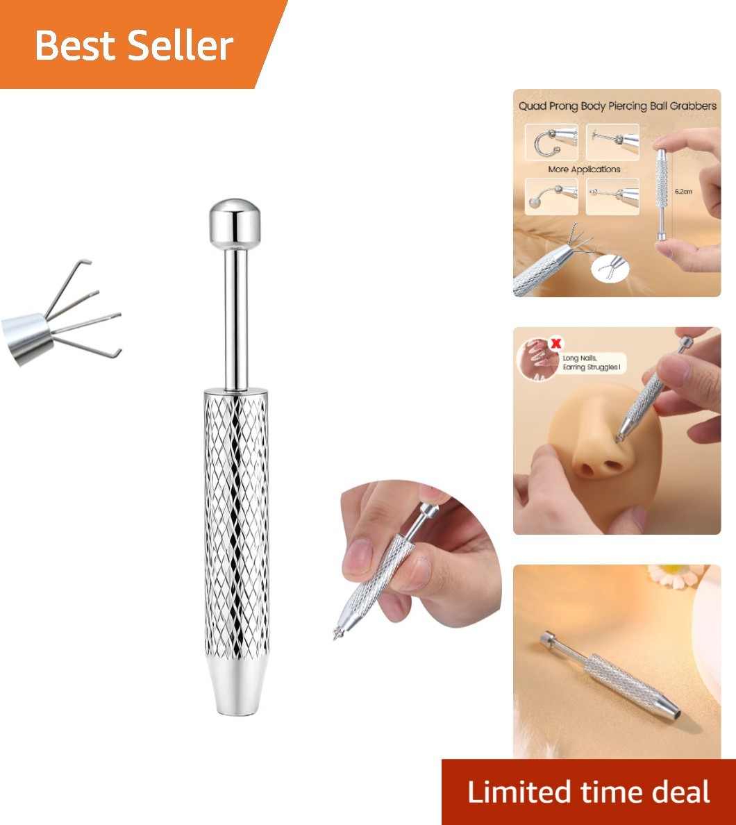4-Claw Jewelry Applicator Tool - Precision Stainless Steel for Piercing Safety