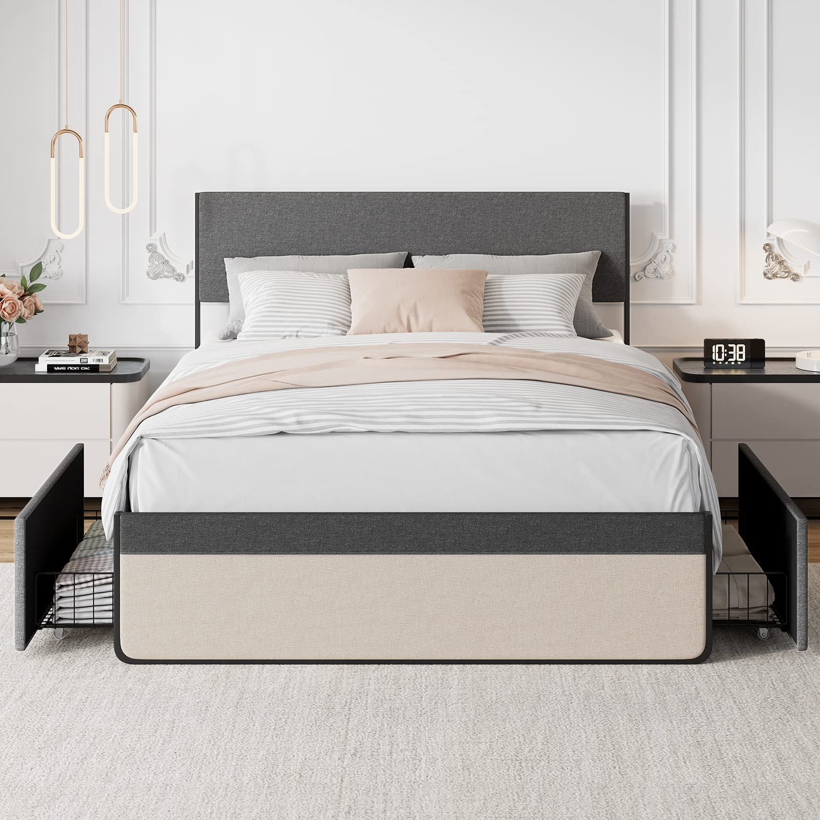 Queen Size Bed Frame, Upholstered Headboard ,Platform Bed Frame, Storage Drawers