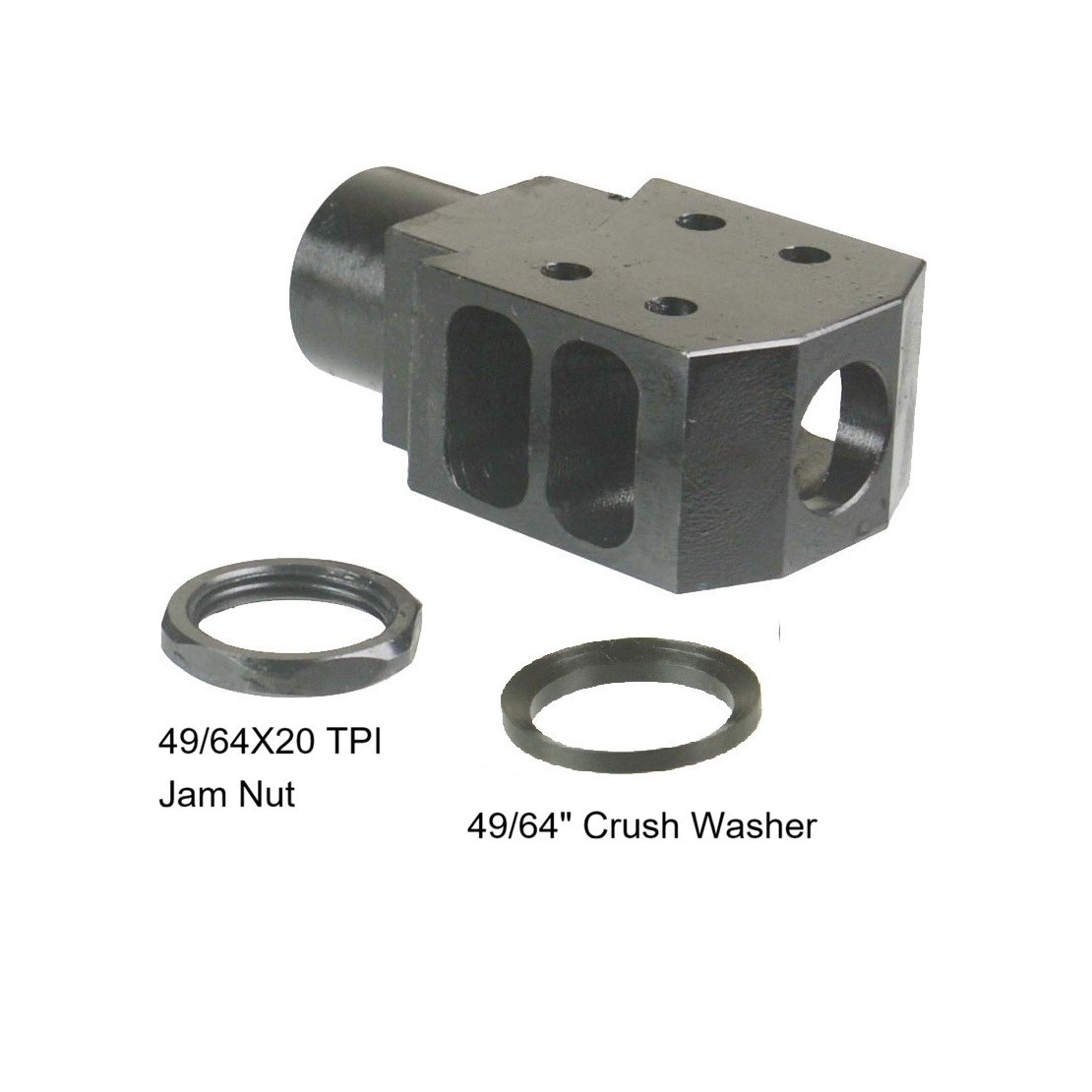All Steel 49/64-20 TPI Tanker 12.7x42mm .50 Beo Muzzle Brake 49/64x20 Nut & Wash