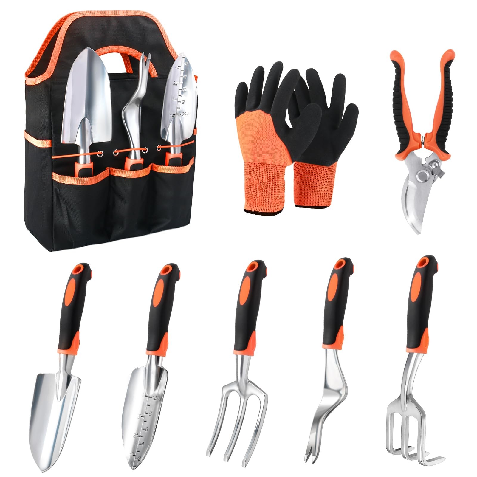 Garden Tools Set, 8 Piece Gardening Set with Non Slip Ergonomic Orange
