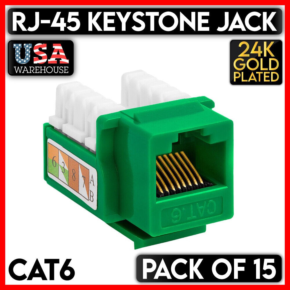 15 Pack Green CAT6 Keystone Jack RJ45 Ethernet  Cat 6 UTP Punch Down Network LAN