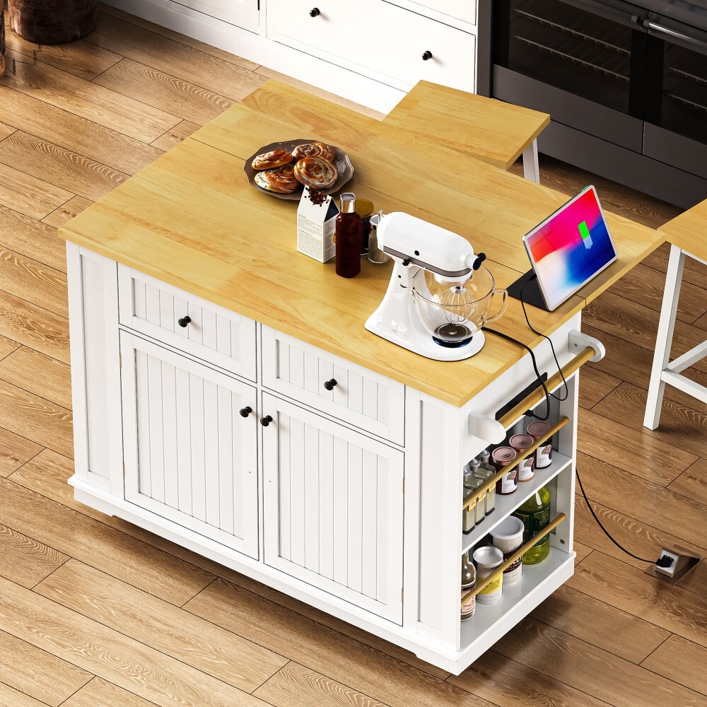 48inch Large Kitchen Island with 2 Bar Stools, Power Outlet, Storage Rack