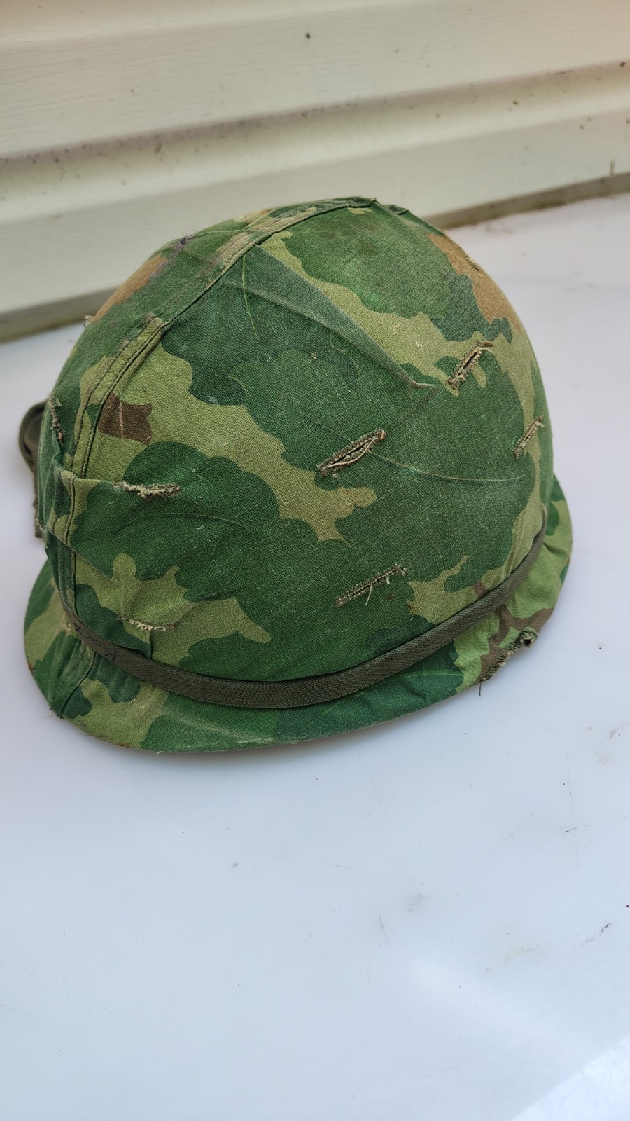 Vintage Woodland Camo Military Helmet w/ Cover & Suspension Straps Distressed