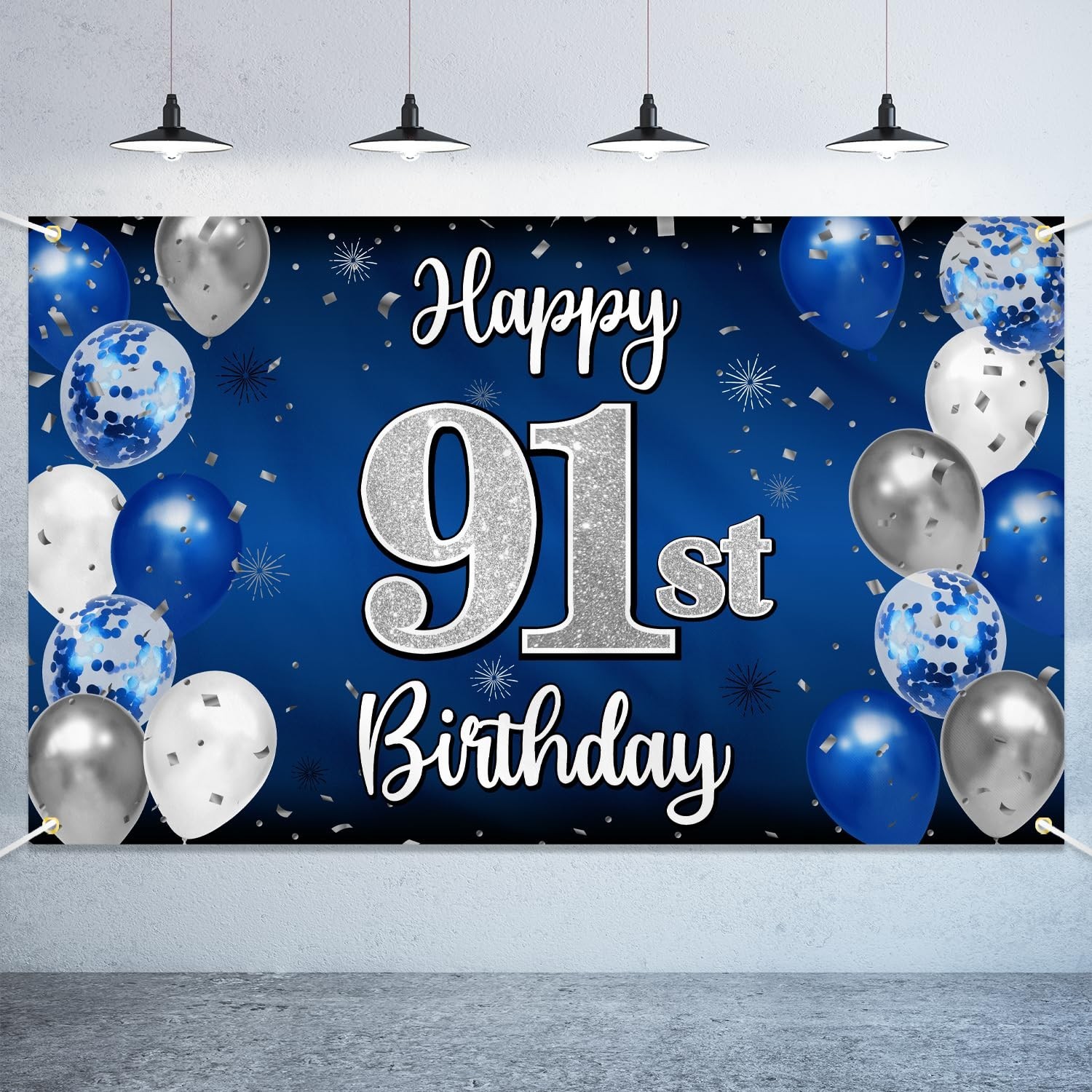 Happy 91st Birthday Decorations,91st Blue & Silver Balloon Large Birthday Ban...