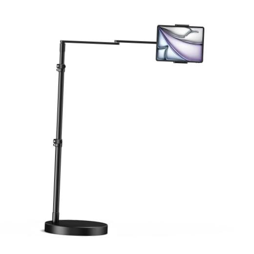 Adjustable Tablet Floor Stand with Heavy Duty Base, Side-Clamp Tablet Holder