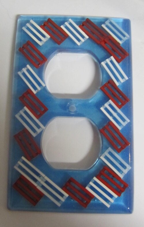 LEGO filled Resin Electrical Plate - Blue w/Red and White Grills - (1 Piece)