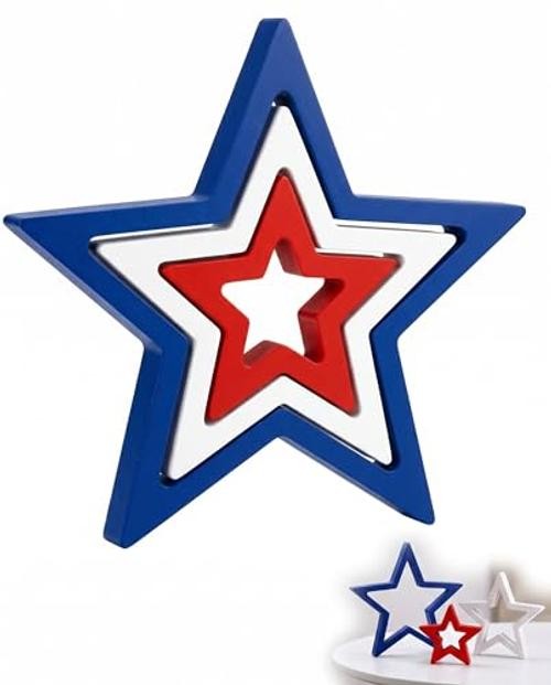 4th of July Decorations Stars Set of 4, Red White Blue Patriotic Tiered Tray