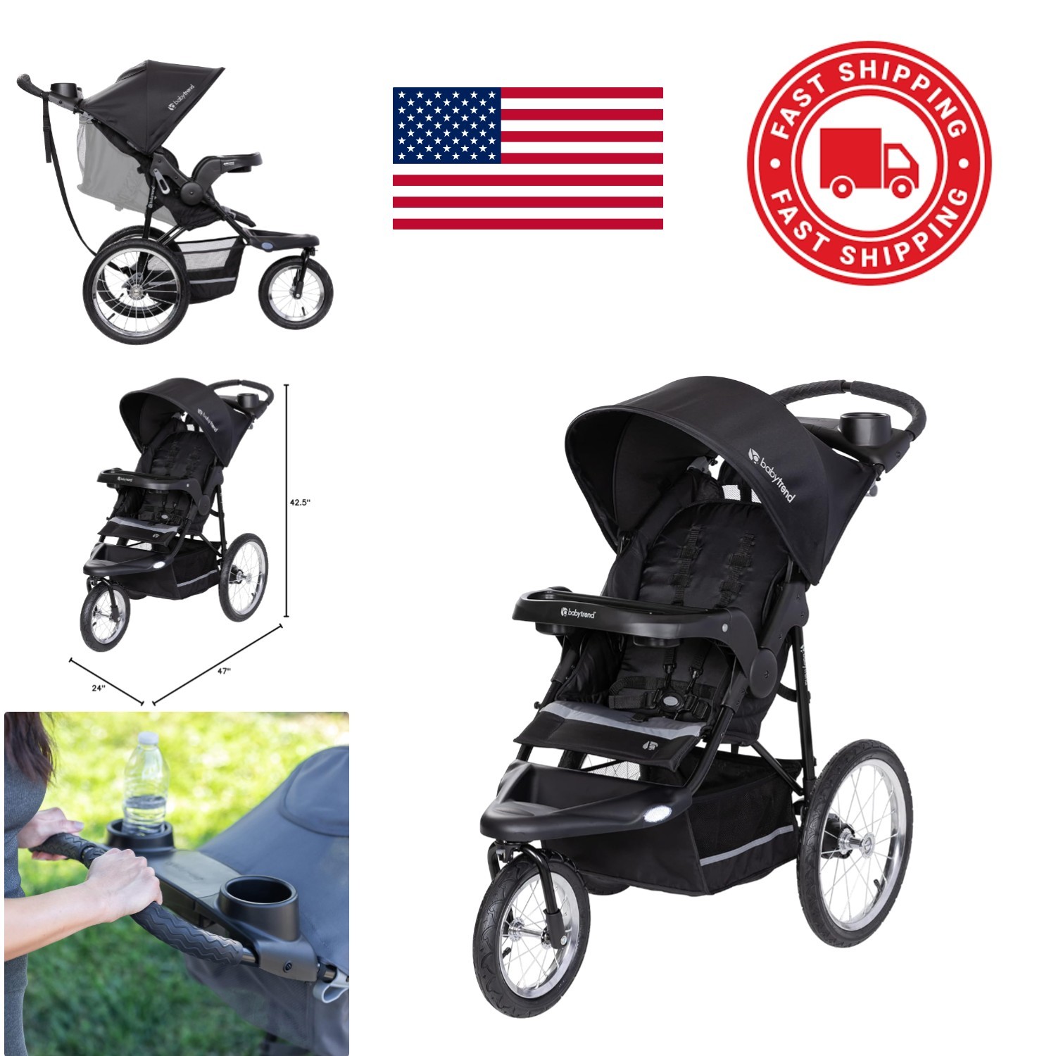 Jogging Stroller Dash Black Ergonomic Handle and Quick Release Buckle Features