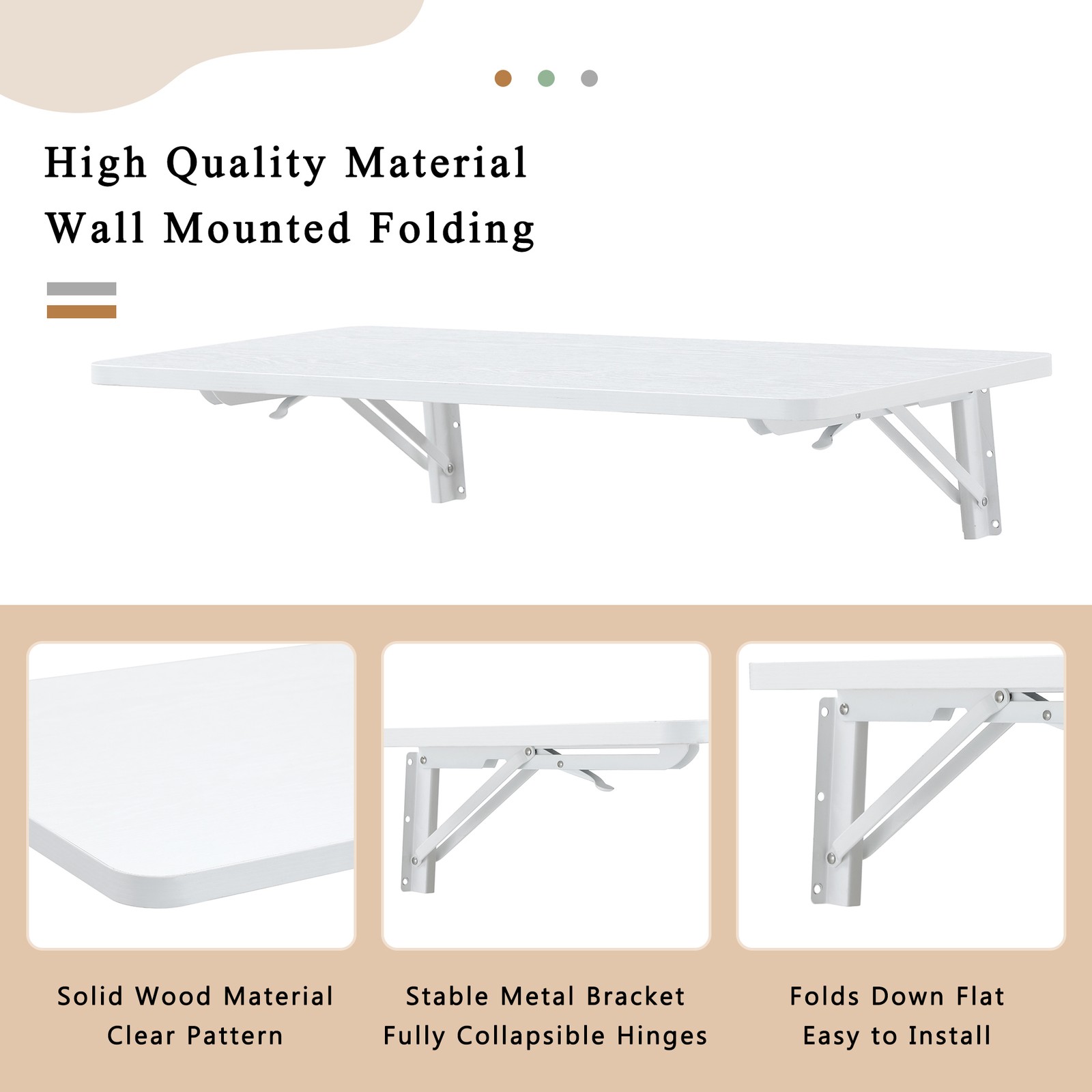 Wall Mounted Folding Table, White Solid Wood, 31.4" x 15.7"