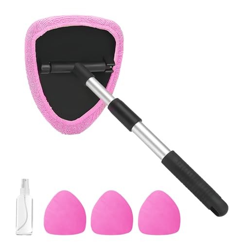 Windshield Cleaning Tool, Car Window Cleaner with Extendable Handle, 4 Pink