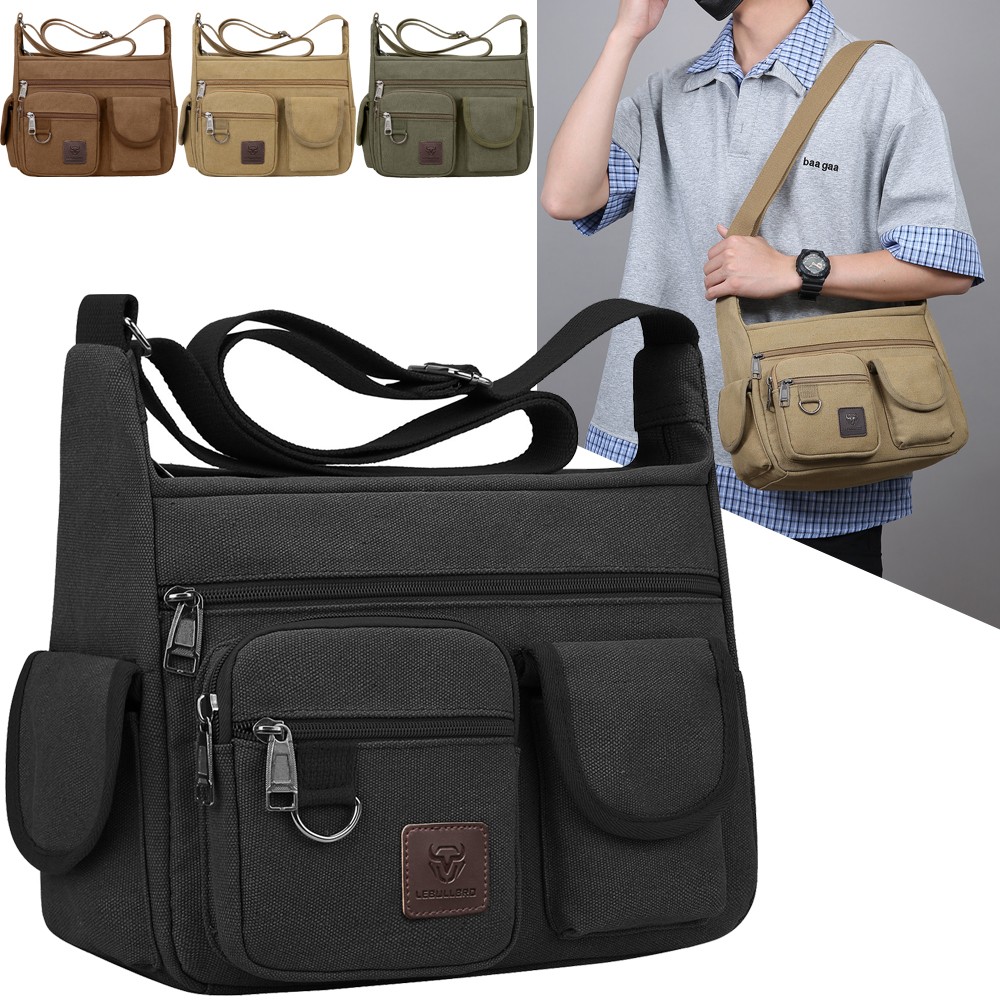 LEBULLBRO Mens Canvas Messenger Bag Shoulder Crossbody Military School Satchel