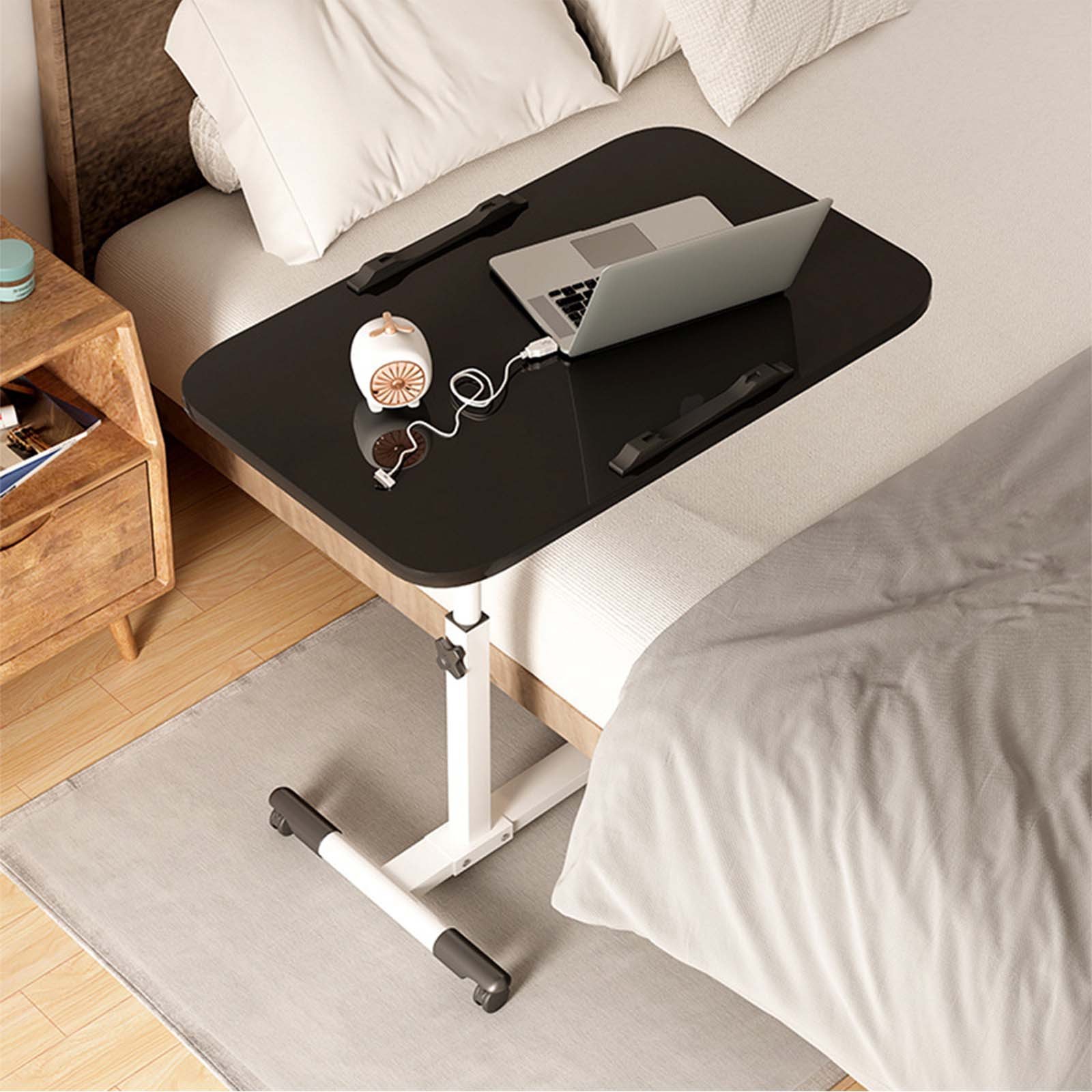 Adjustable Height Overbed Table Mobile Hospital Bedside Table W/Tilting Desktop