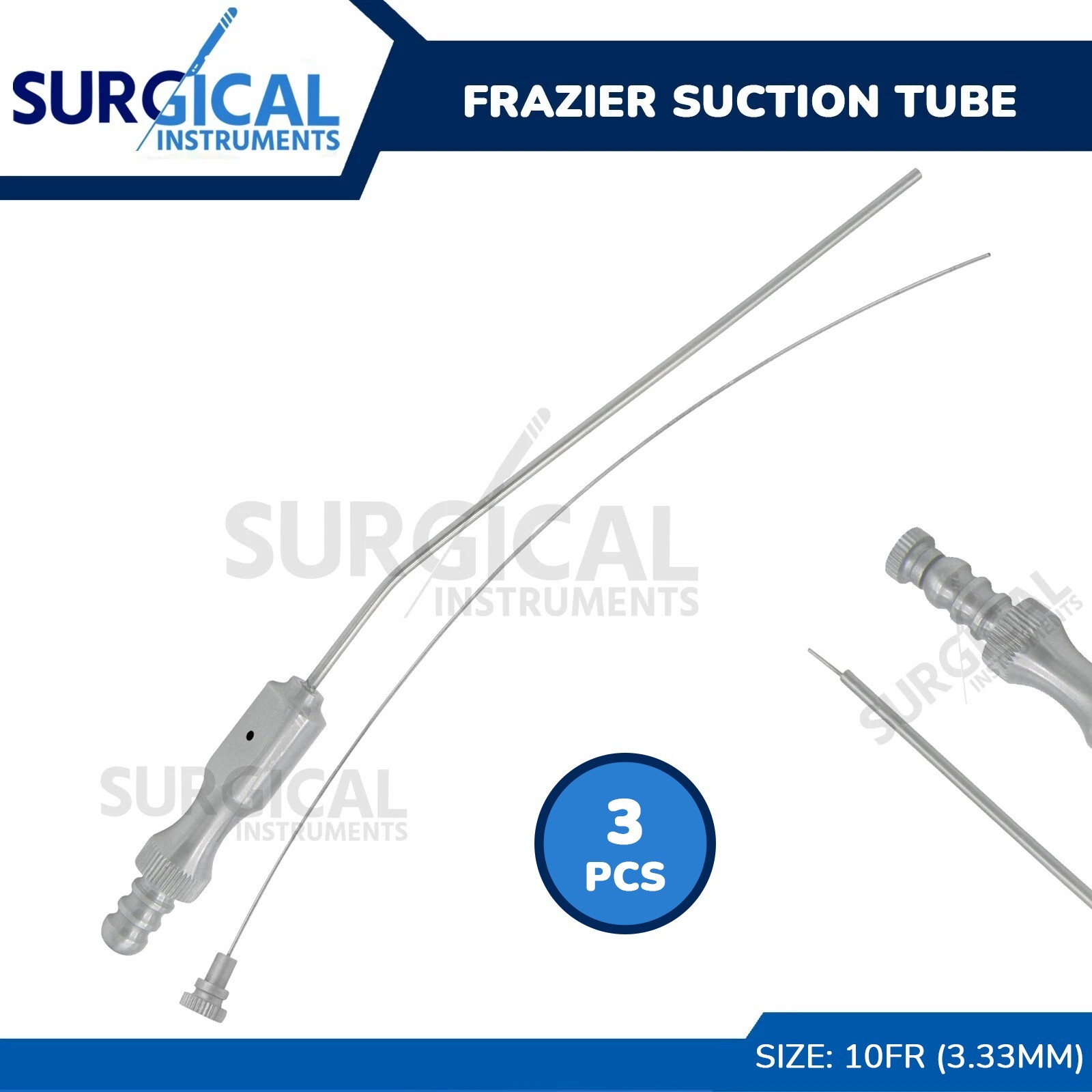 3 Pcs Frazier Suction Surgical Tube No. 10 (3.33mm) 7.6" Aspirator German Grade