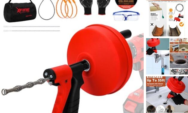 35 FT Double Mode Drain Snake Tools, 11-in-1 Drain Auger for 35FT-N-Red&Black