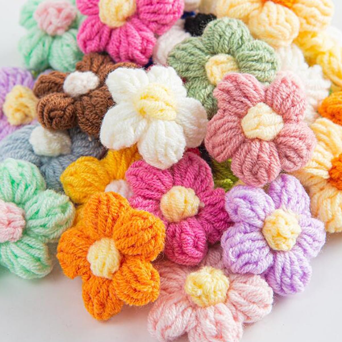 100Pcs Crochet Flowers Puff Flowers Knitted Yarn Flowers Handmade Crochet Flo...