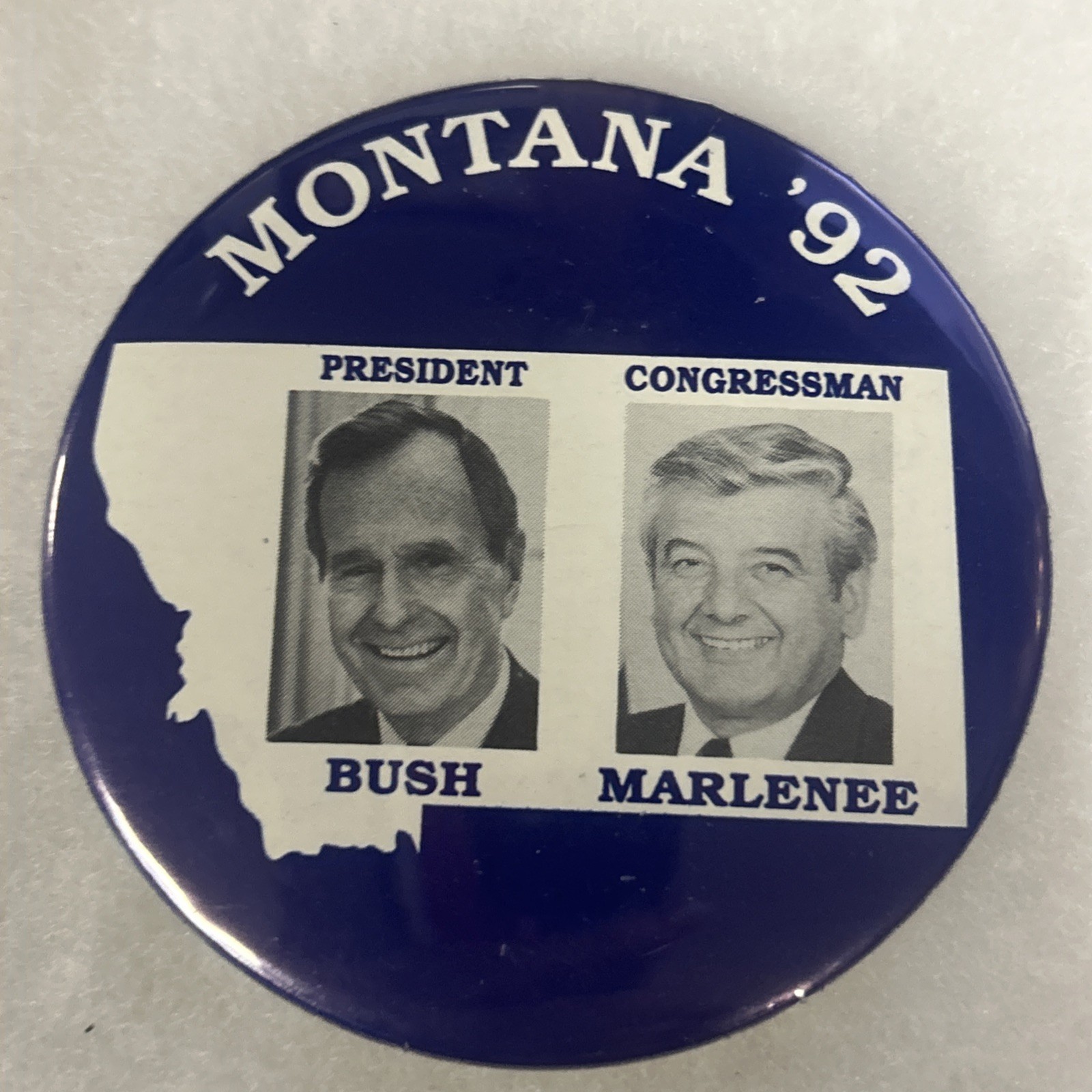 Montana’92 President Bush Congressman Marlenee coattail blue  3” pinback button