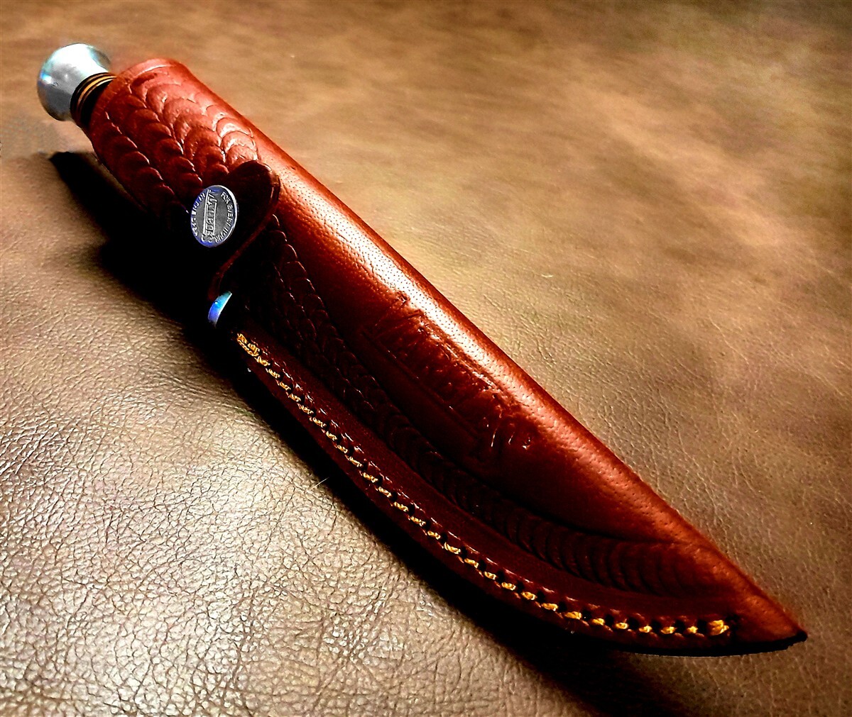 Real Damascus 9" Hunter Skinner Knife w/Bone Handle, Leather Sheath