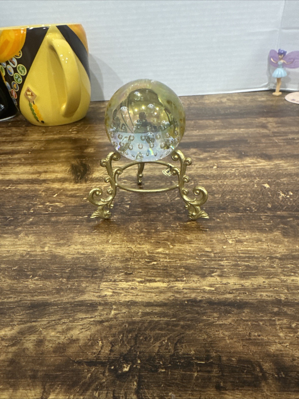 Crystal Clear Glass Globe Sphere W Gold Tone Princess 2 Way Display Stand 2.4"