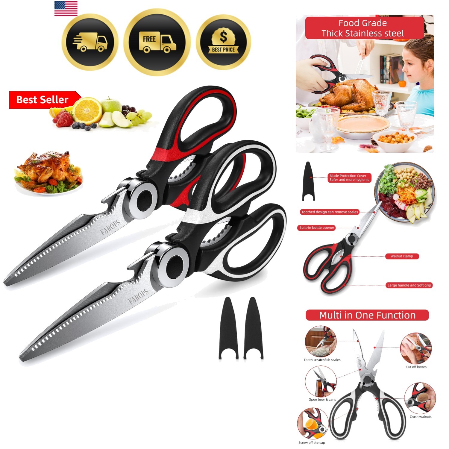 Heavy Duty Kitchen Scissors 2-Pack, Ultra Sharp Stainless Steel Meat Shears f...
