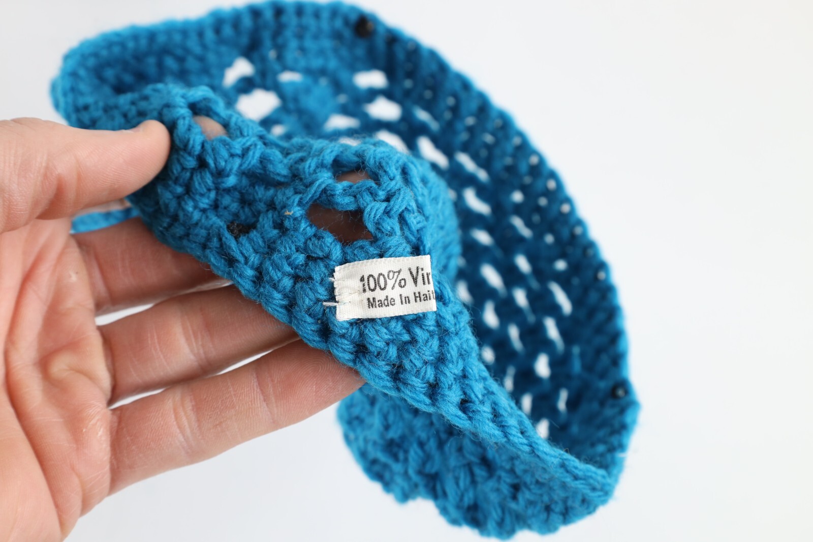 NOS Vtg 70s Streetwear Crochet Wool Knit Flower Skull Beanie Hat Blue Womens OS