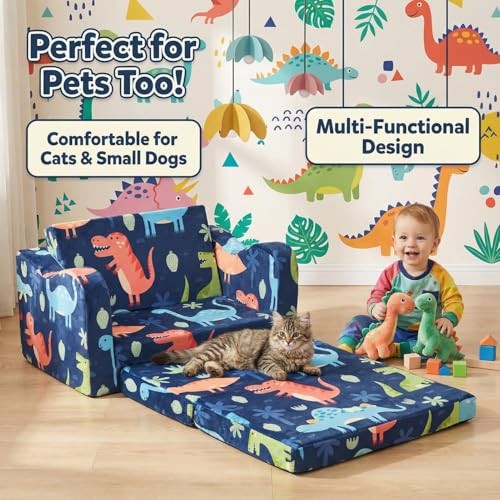 Kids Couch Sofa Toddler Sofa Dinosaur 2-in-1 Foldable Toddler Couch Bed Blue