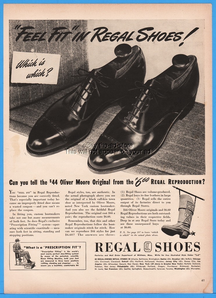 1943 Regal Shoe Whitman MA Men's Footwear Fashion Style Oliver Moore Print Ad
