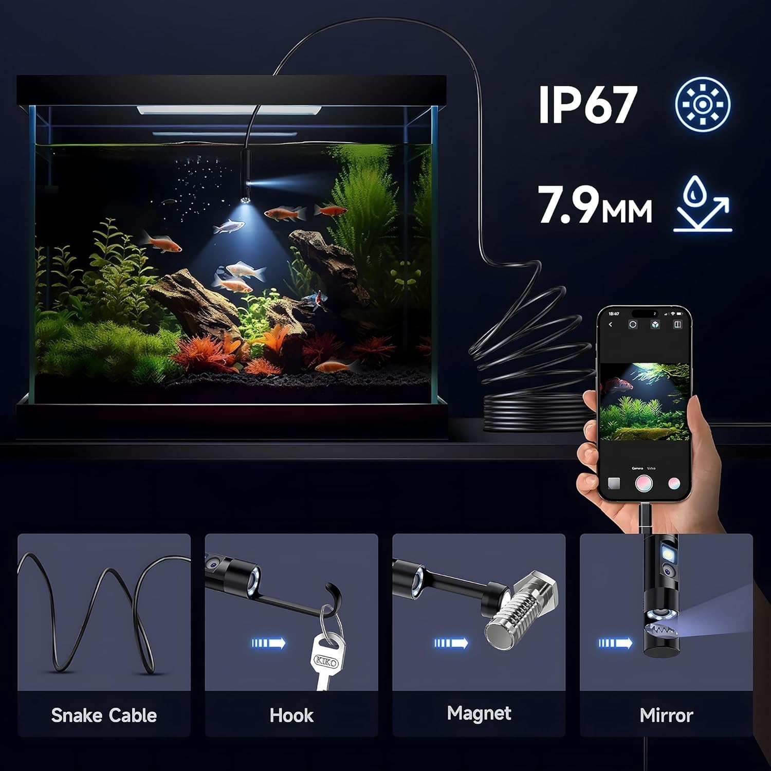 8 LED Light Snake Endoscope Camera Car Inspection Tool For iPhone Android iOS US