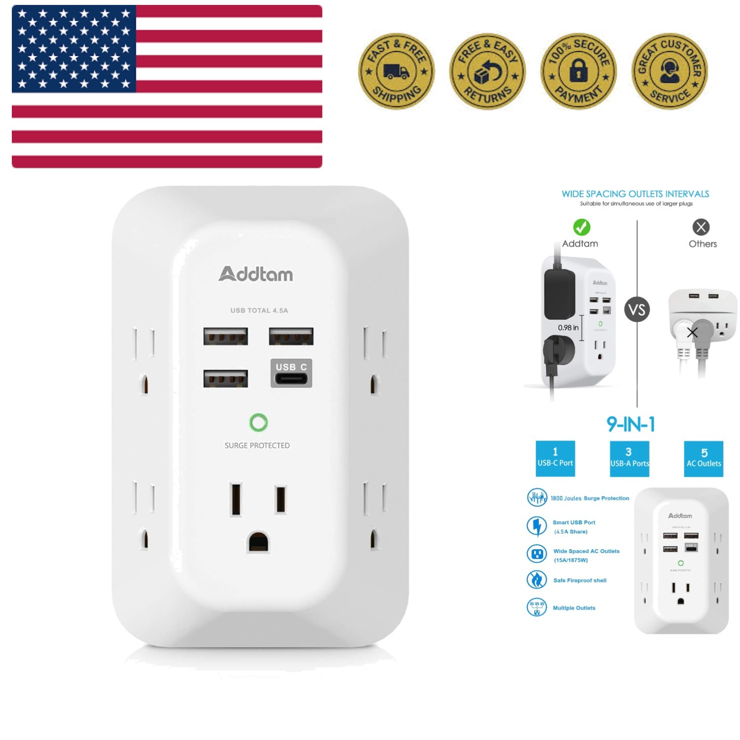 USB Wall Charger Surge Protector 5 Outlet Extender with 4 USB Charging Ports ...