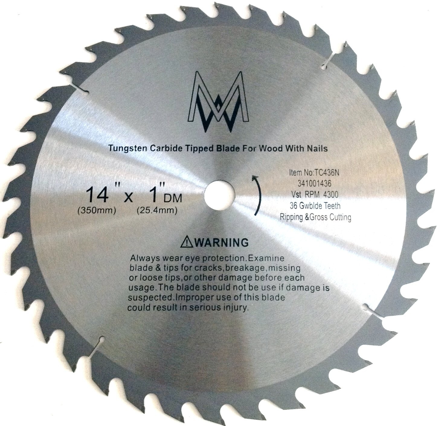 14" Inch 36 Tooth Carbide Circular Saw Blade for WOOD with Nails