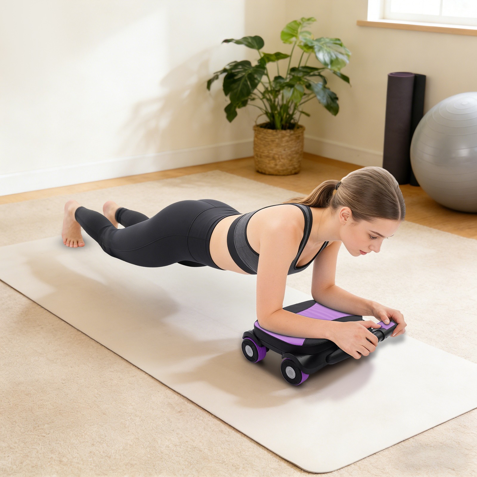 AB Roller Wheel Four-Wheel Elbow Support Abdominal Roller Home Gym Black Purple
