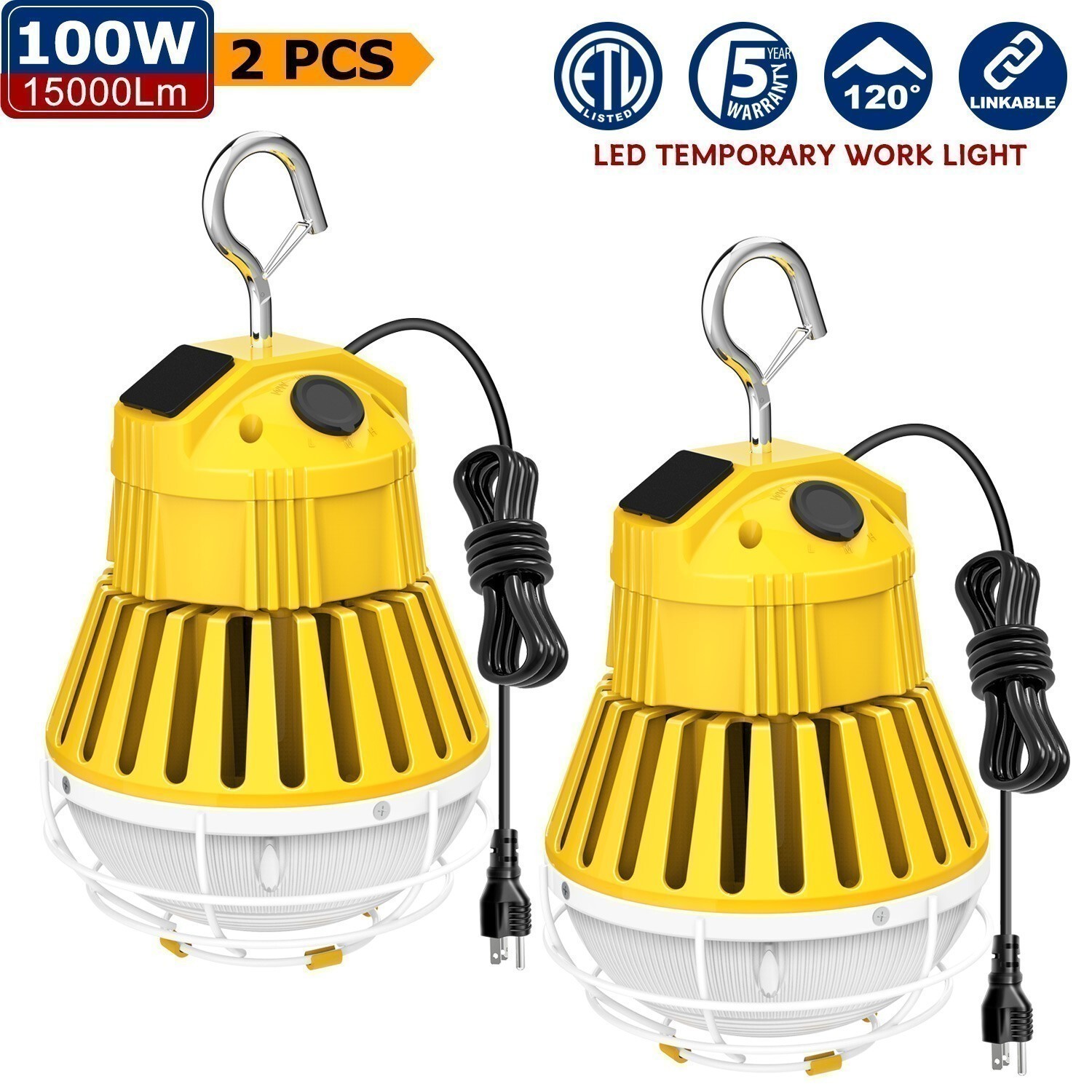 2Pack 100W LED Temporary Work Light 5000K 15000lm Linkable Construction Lights